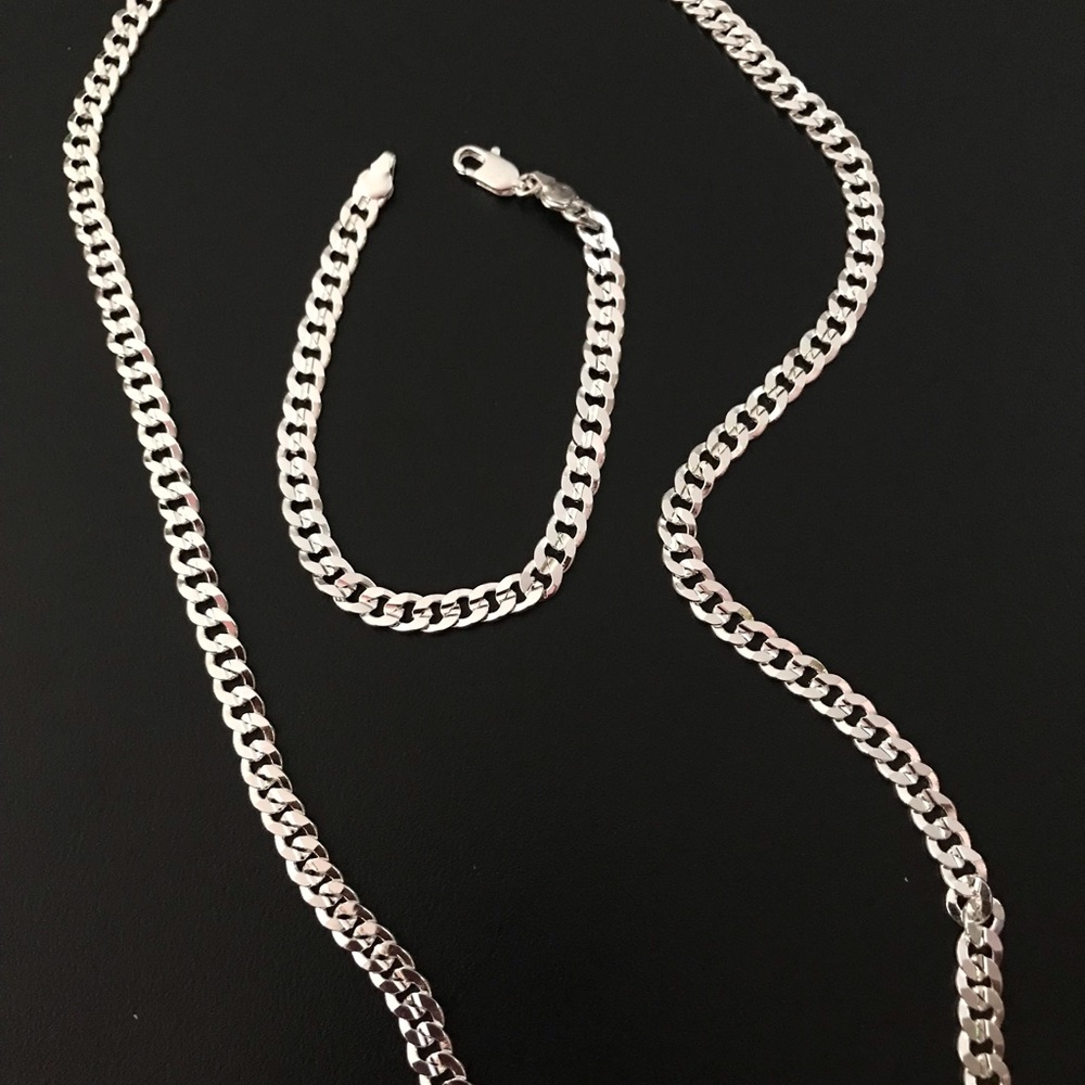 Men's Silver Curb Chain Necklace and Bracelet Set